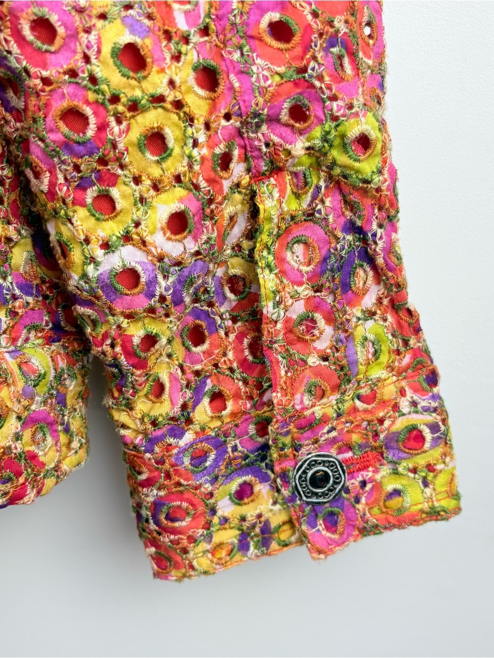 Chico’s Multicolor Eyelet Lace Shacket Jacket Lined Sz 3 XL Boho Hippie Cottage - Picture 6 of 9